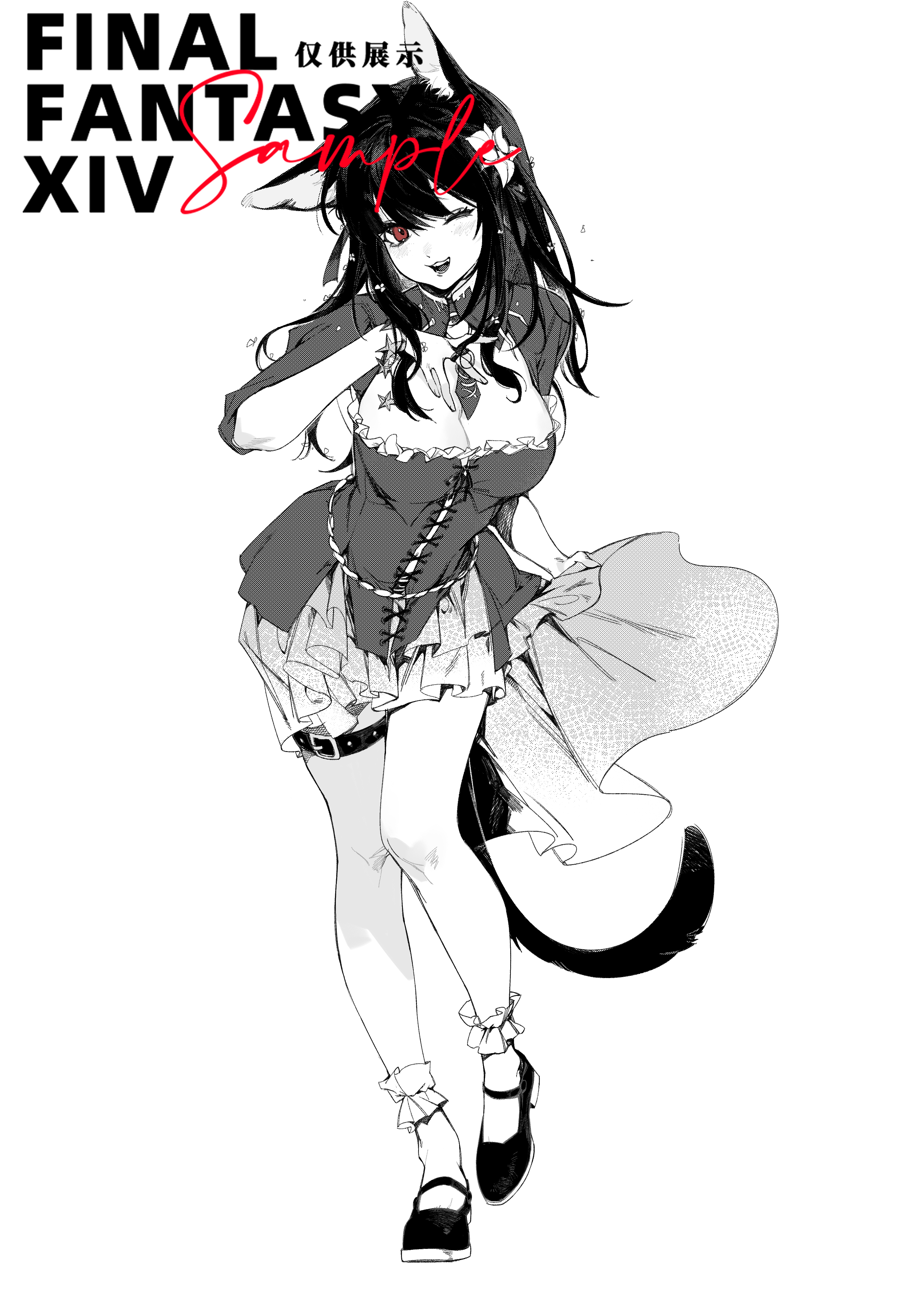 warrior of light (ff14), final fantasy, final fantasy xiv, absurdres, commentary request, commission, highres, 1girl, ;d, animal ear fluff, animal ears, belt, belt buckle, ben-day dots, breast cutout, breasts, buckle, cat ears, cat tail, cleavage, copyright name, dithering, frilled socks, frills, full body, greyscale, hand on own chest, huguanling, large breasts, long hair, looking at viewer, mary janes, miqo'te, monochrome, one eye closed, open mouth, red eyes, sample watermark, screentones, shoes, simple background, skirt, skirt hold, smile, socks, solo, spot color, tail, teeth, thigh belt, thigh strap, upper teeth only, watermark, white background