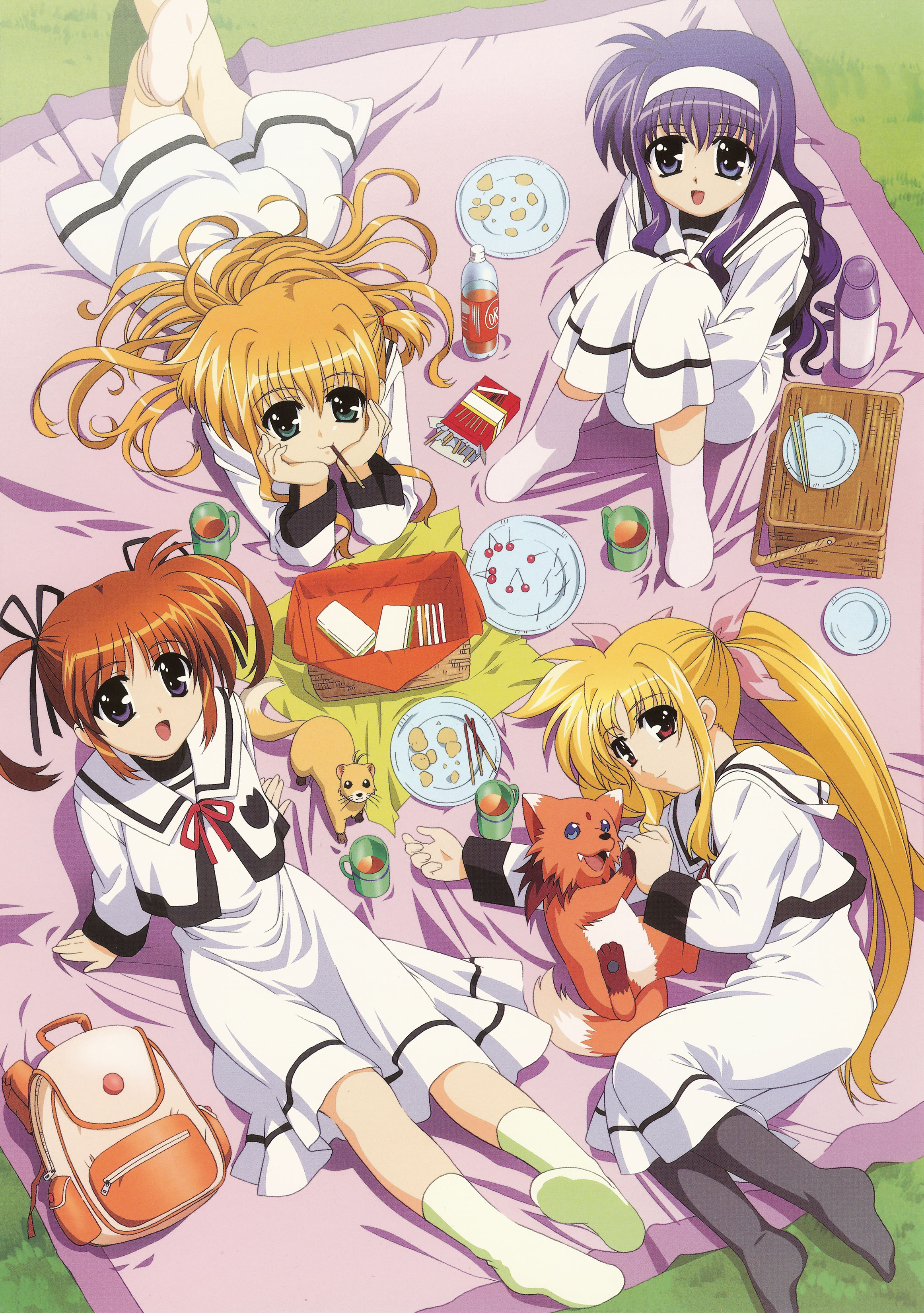 arf, arisa bunnings, fate testarossa, takamachi nanoha, tsukimura suzuka, yagami hayate, yuuno scrya, lyrical nanoha, mahou shoujo lyrical nanoha, absurdres, highres, 00s, picnic, school uniform, serafuku