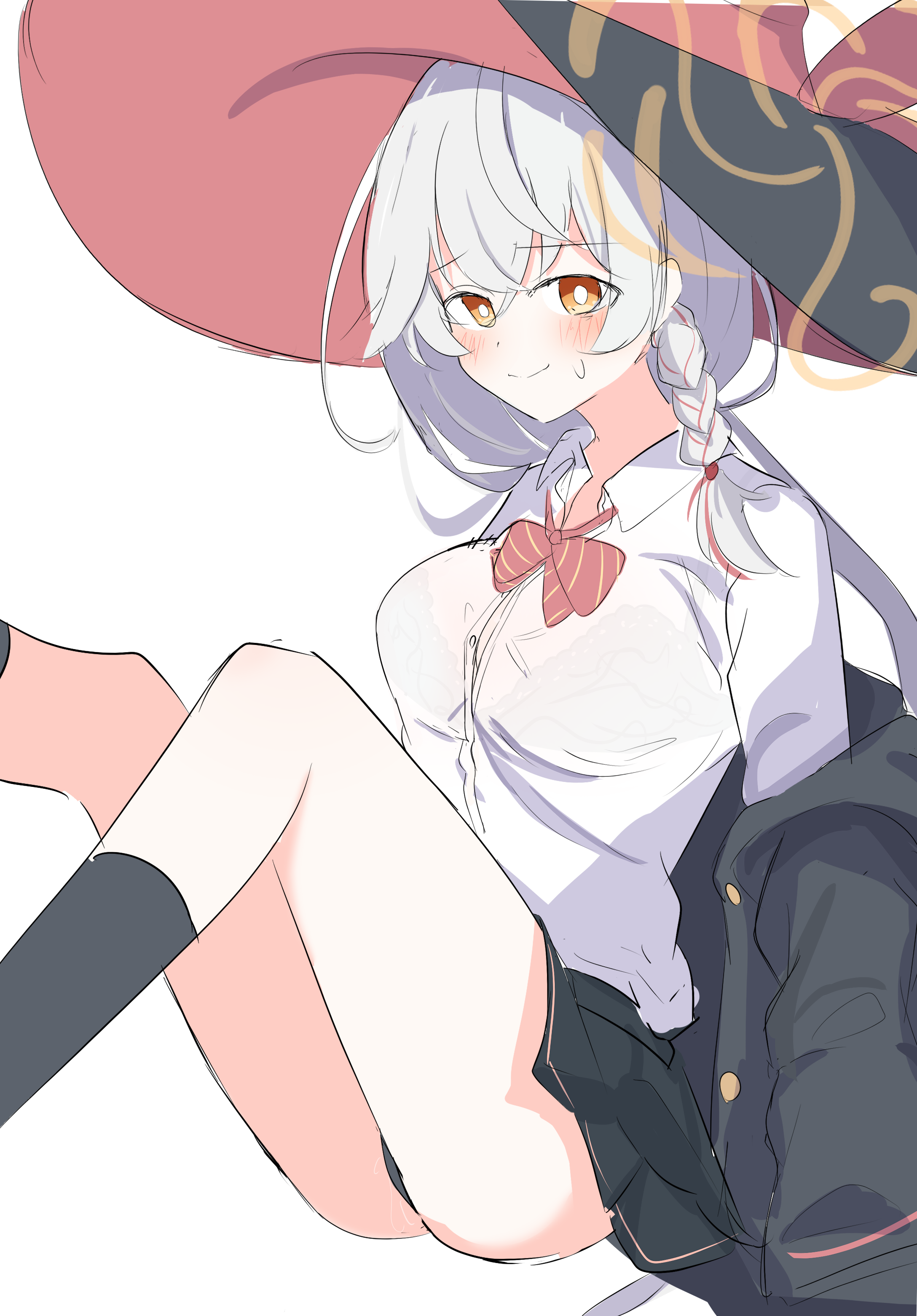 eri (blue archive), blue archive, ankle socks, black panties, blush, bow, bowtie, braid, halo, hat, jacket, jacket partially removed, long coat, long hair, orange eyes, panties, shirt, sitting, skirt, socks, sweatdrop, thighs, underwear, white hair, witch hat