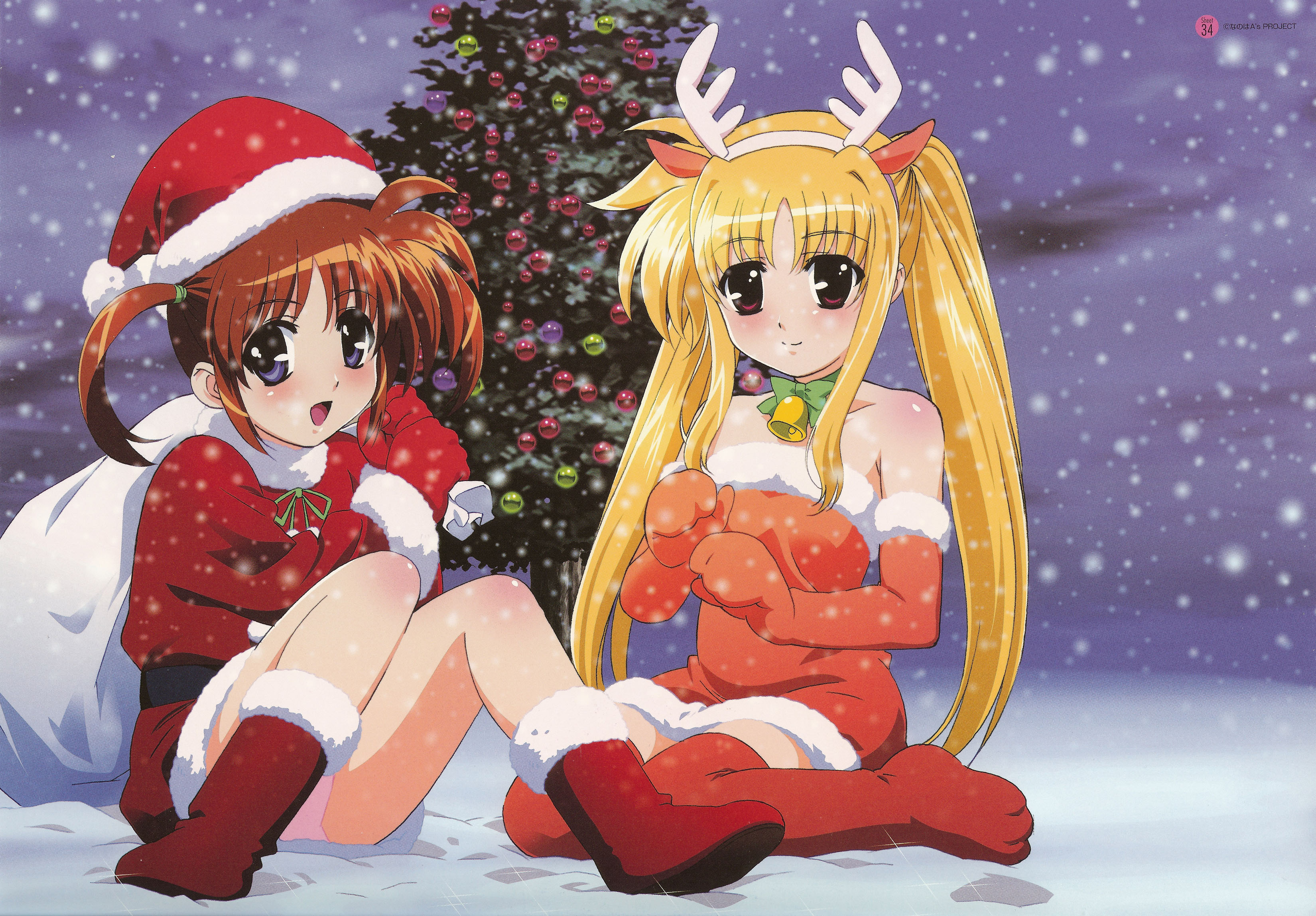 fate testarossa, takamachi nanoha, lyrical nanoha, mahou shoujo lyrical nanoha, mahou shoujo lyrical nanoha a's, santa boots, absurdres, highres, 00s, 2girls, antlers, bare shoulders, bell, blonde hair, blue eyes, blush, boots, christmas, christmas tree, closed mouth, fake antlers, hat, horns, legs, multiple girls, open mouth, outdoors, panties, pink panties, red hair, reindeer antlers, santa bag, santa costume, santa hat, sitting, smile, snow, snowflakes, snowing, thighhighs, thighs, underwear