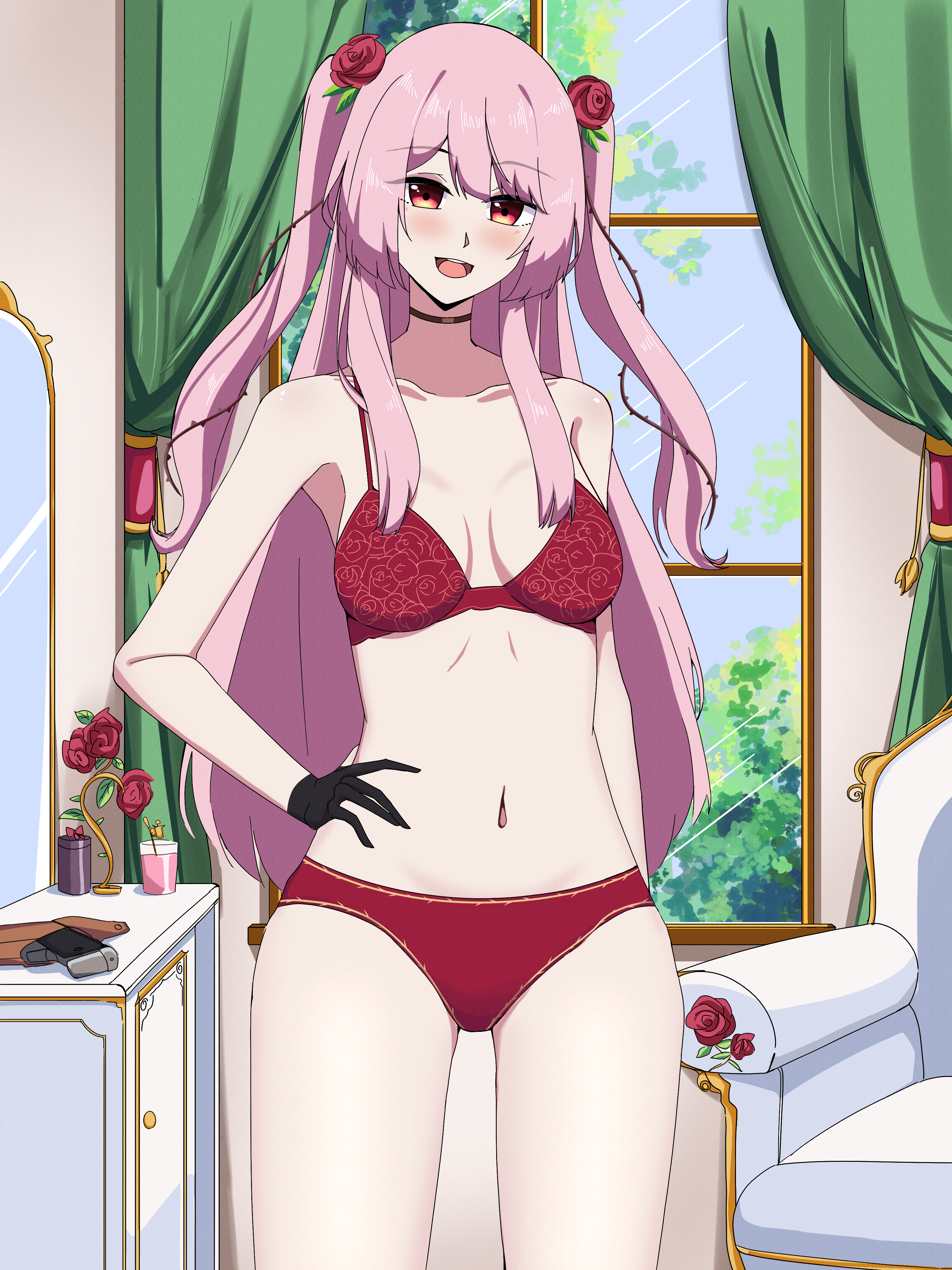 rosemi lovelock, nijisanji, nijisanji en, commission, highres, 1girl, armchair, bra, breasts, chair, cupboard, curtains, eyebrows hidden by hair, eyelashes, flower, gloves, gun, hair flower, hair ornament, handgun, holster, holstered, indoors, knee up, knees up, long hair, looking at viewer, nose, open mouth, panties, pink hair, pistol, red bra, red eyes, red panties, rose, smile, solo, teeth, thighs, thorns, tongue, underwear, underwear only, virtual youtuber, weapon