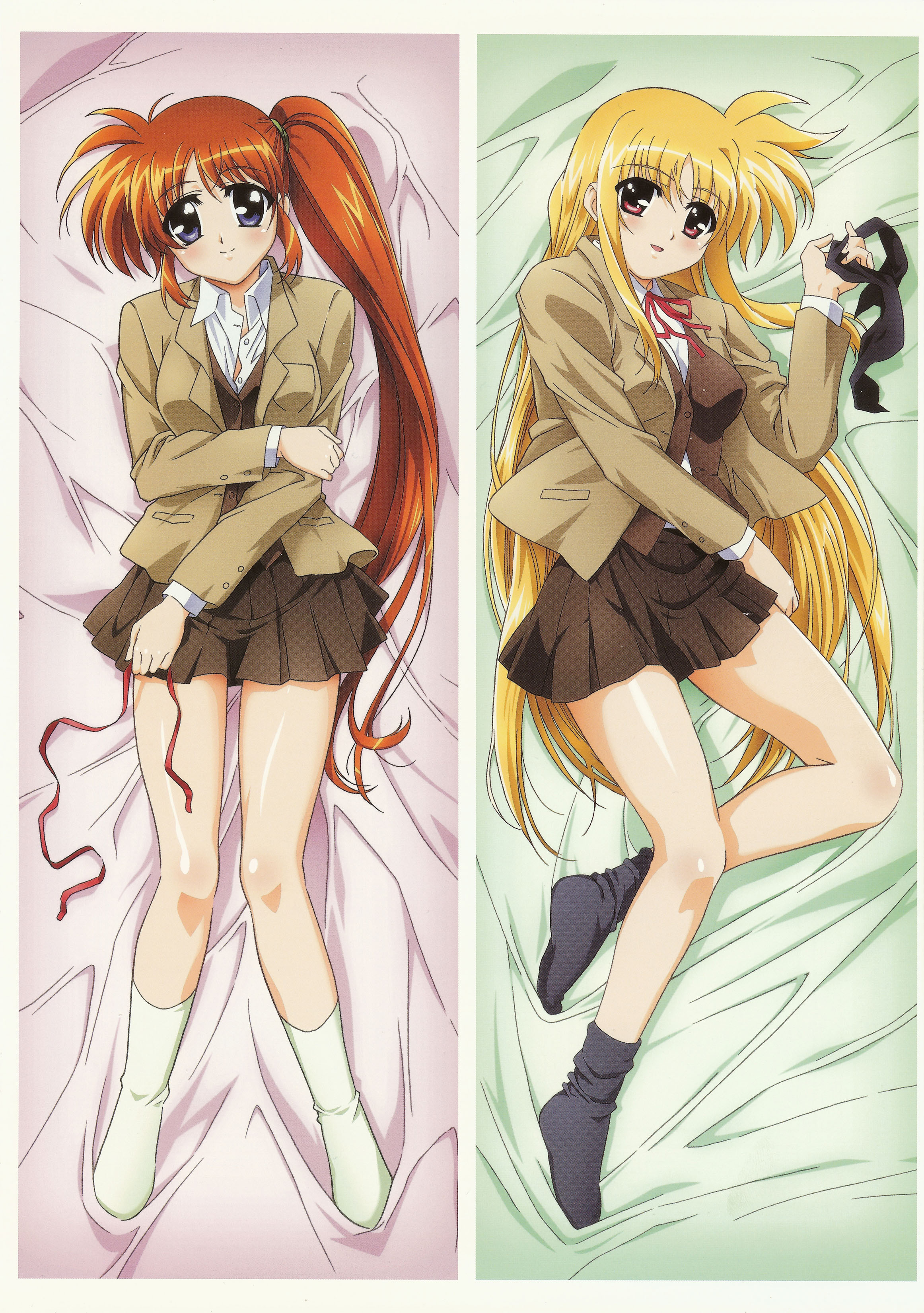 okuda yasuhiro, fate testarossa, takamachi nanoha, lyrical nanoha, mahou shoujo lyrical nanoha, absurdres, highres, tagme, 00s, school uniform, serafuku