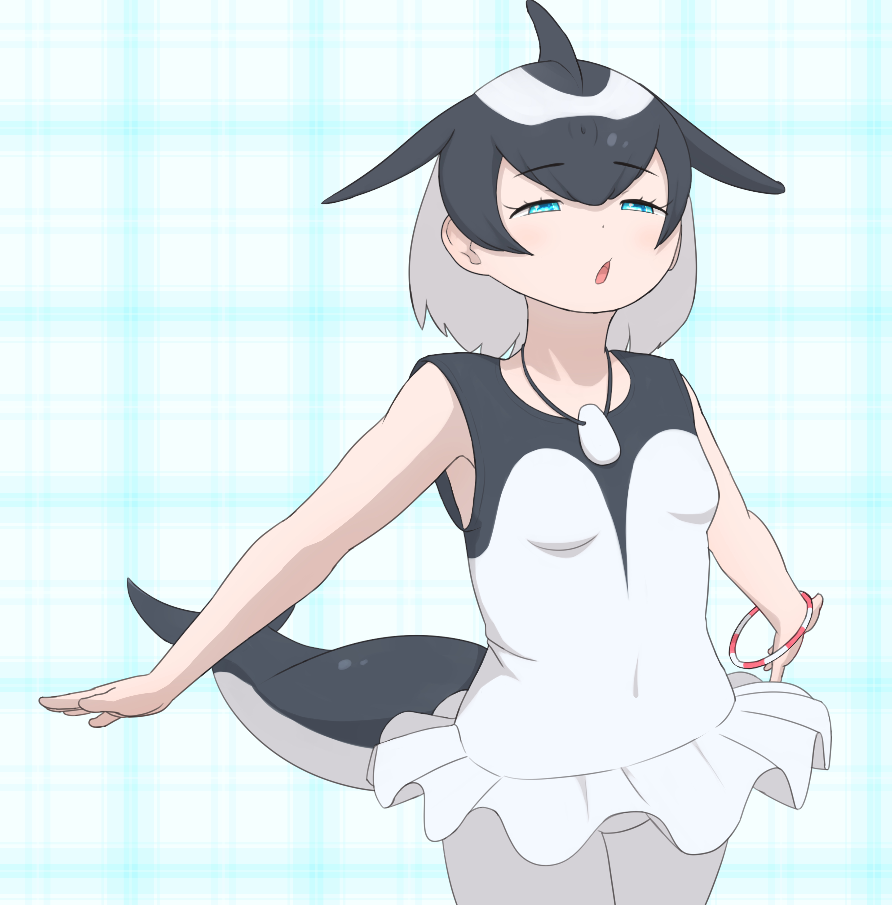 rest in muni, commerson's dolphin (kemono friends), kemono friends, absurdres, highres, 1girl, bare shoulders, black hair, black one-piece swimsuit, blowhole, blue eyes, blush, bracelet, cetacean tail, cowboy shot, dolphin girl, dorsal fin, fins, fish tail, frilled one-piece swimsuit, frills, hair between eyes, half-closed eyes, jewelry, multicolored hair, necklace, one-piece swimsuit, shell, shell necklace, short hair, sidelocks, sleeveless, solo, swimsuit, tail, two-tone hair, two-tone one-piece swimsuit, white hair, white one-piece swimsuit