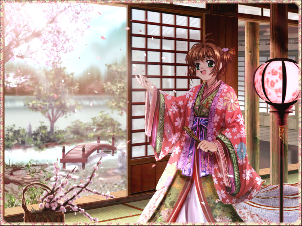 mutsuki (moonknives), kinomoto sakura, cardcaptor sakura, tagme, 1990s (style), 1girl, blush, bridge, cherry blossoms, child, dress, female focus, flower, hand fan, indoors, japanese clothes, kimono, print dress, print kimono, retro artstyle, scenery, short hair, smile, solo, tatami, tree
