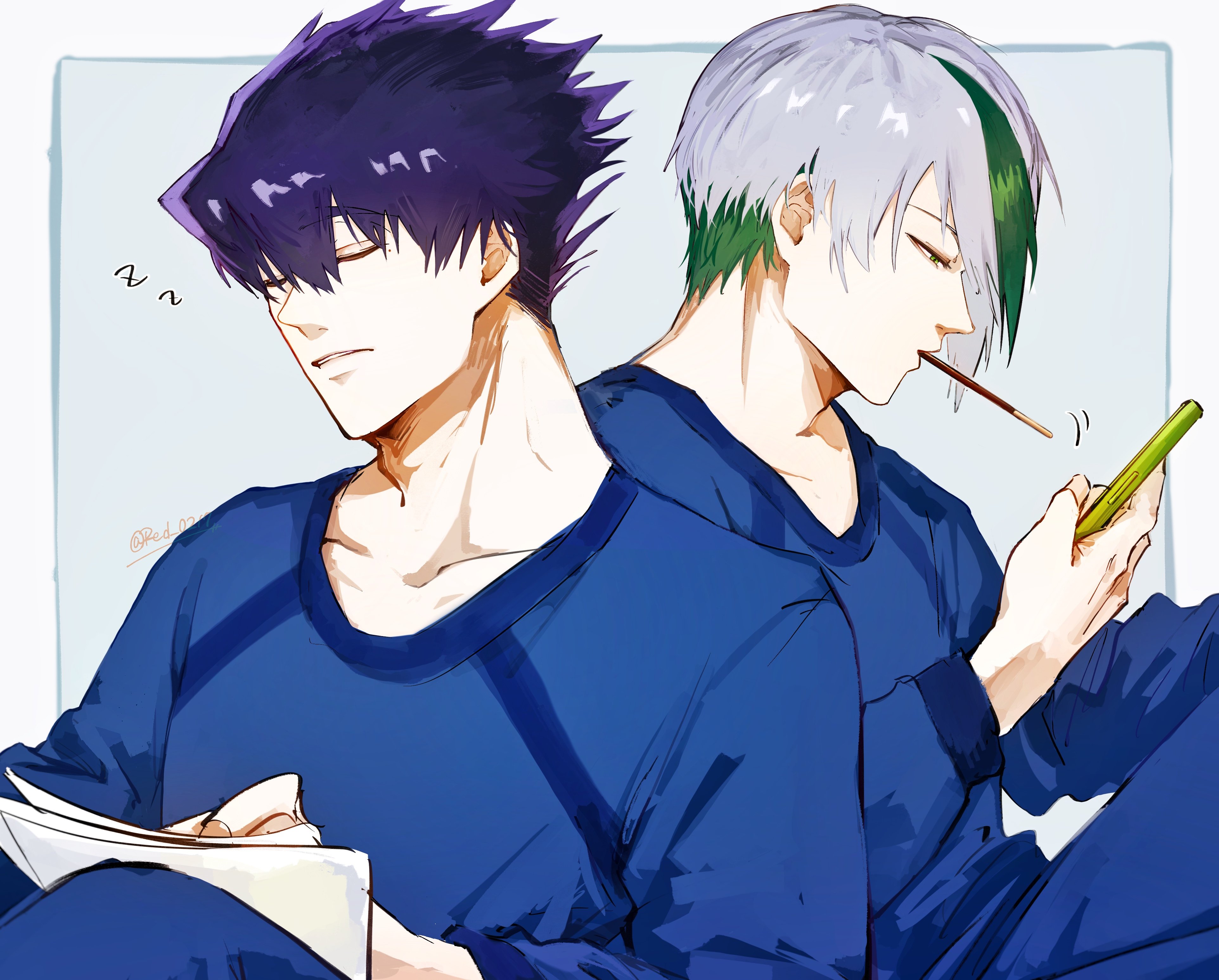karasu tabito, otoya eita, blue lock, absurdres, commentary, highres, symbol-only commentary, 2boys, blue pajamas, cellphone, closed eyes, closed mouth, food, food in mouth, green eyes, green hair, holding, holding phone, long sleeves, male focus, mouth hold, multicolored hair, multiple boys, pajamas, phone, pocky, pocky in mouth, purple hair, red 0217, short hair, smartphone, streaked hair, teeth hold, twitter username, white hair
