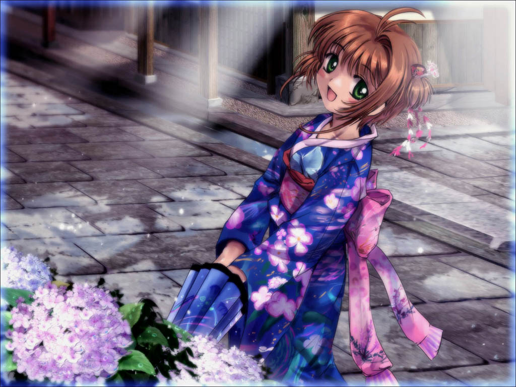 mutsuki (moonknives), kinomoto sakura, cardcaptor sakura, tagme, 1990s (style), 1girl, dress, female focus, flower, green eyes, hair ornament, hydrangea, japanese clothes, kimono, obi, print dress, print kimono, retro artstyle, sash, short hair, solo, umbrella