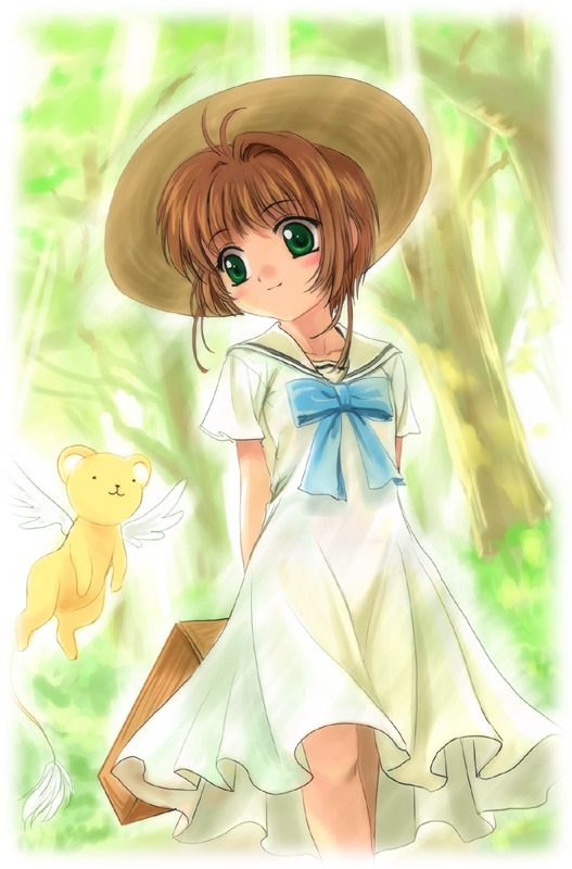 mutsuki (moonknives), kero (cardcaptor sakura), kinomoto sakura, cardcaptor sakura, tagme, 1990s (style), 1girl, blush, bow, dress, green eyes, hat, outdoors, retro artstyle, short hair, smile, sun hat, sundress, tree