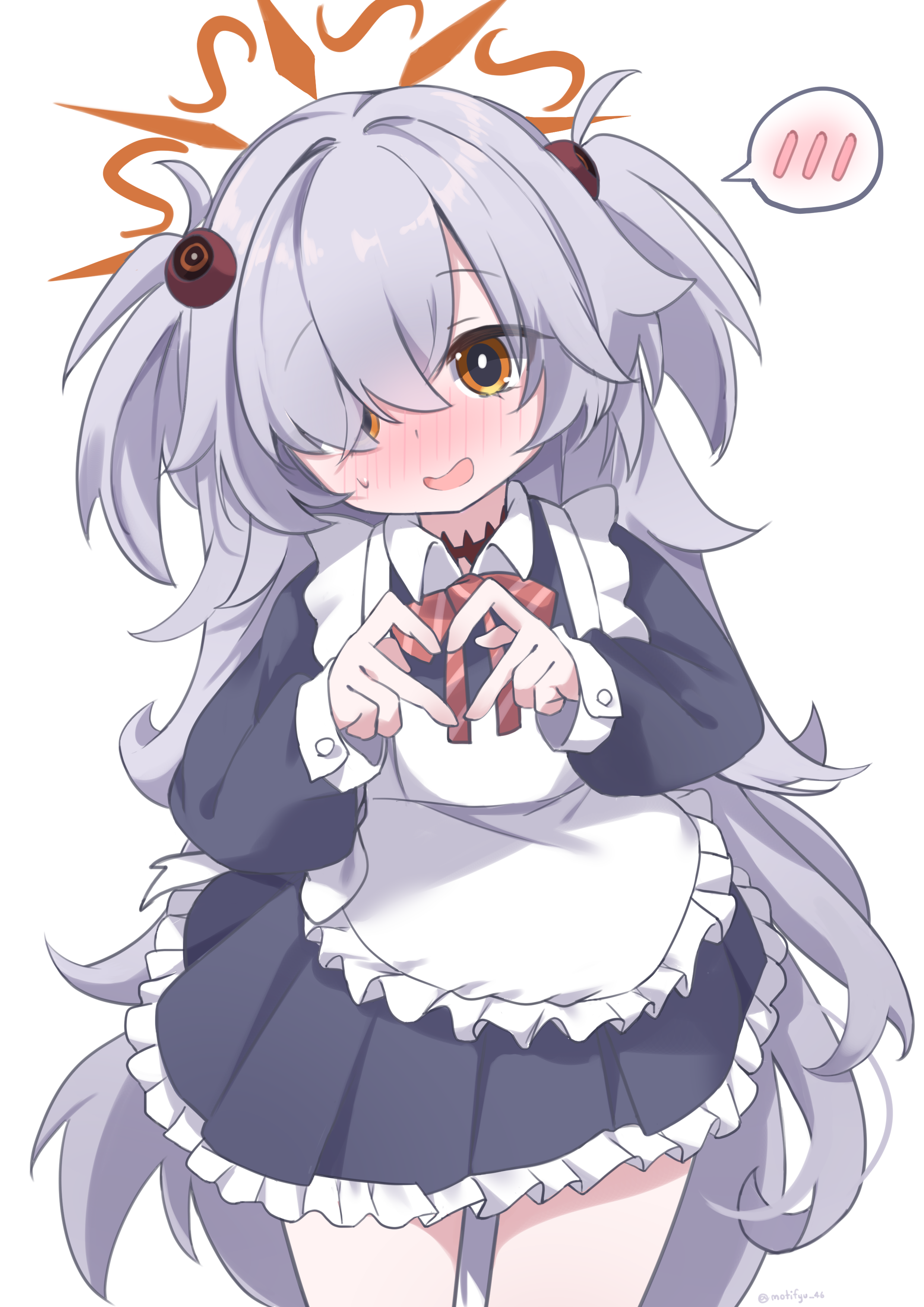 mochifuyu shiro, kanoe (blue archive), blue archive, absurdres, highres, 1girl, apron, blush, dress, grey hair, hair over one eye, halo, heart, heart hands, long hair, looking at viewer, simple background, solo, spoken blush, white background