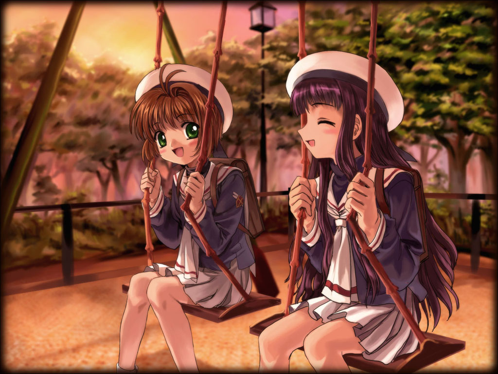 mutsuki (moonknives), daidouji tomoyo, kinomoto sakura, cardcaptor sakura, tagme, 1990s (style), 2girls, blush, blush stickers, brown hair, closed eyes, green eyes, happy, long hair, multiple girls, outdoors, retro artstyle, short hair, smile, swing