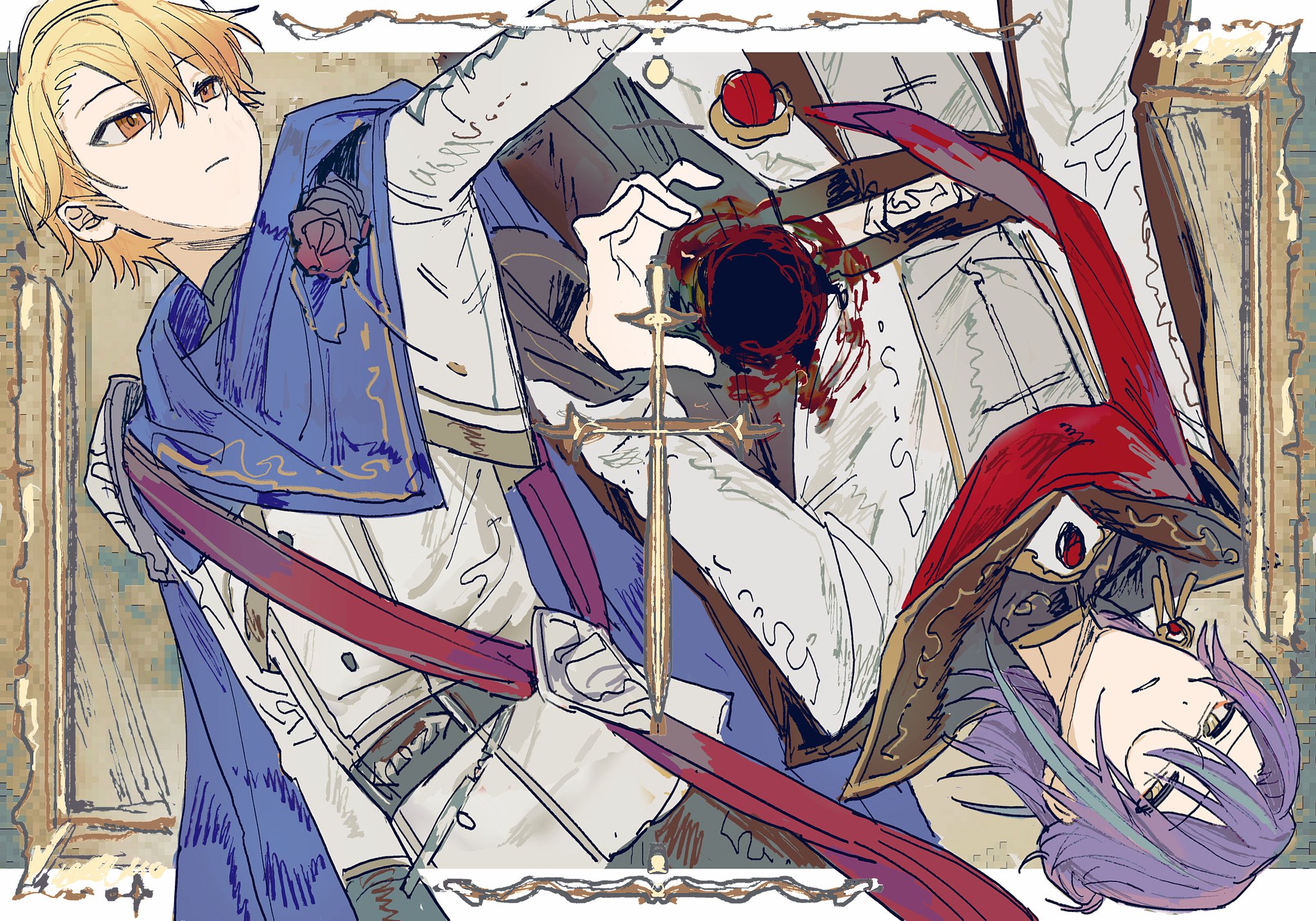 mizu nanaki, kamishiro rui, tenma tsukasa, project sekai, highres, 2boys, blonde hair, blue hair, closed mouth, flower, gradient hair, hand up, kaitou shinshi no harahara!? white day (project sekai), male focus, monocle, multicolored hair, multiple boys, never give up cooking! (project sekai), official alternate costume, official alternate hairstyle, orange eyes, orange hair, parted lips, purple hair, rose, short hair, streaked hair, two-tone hair, yellow eyes
