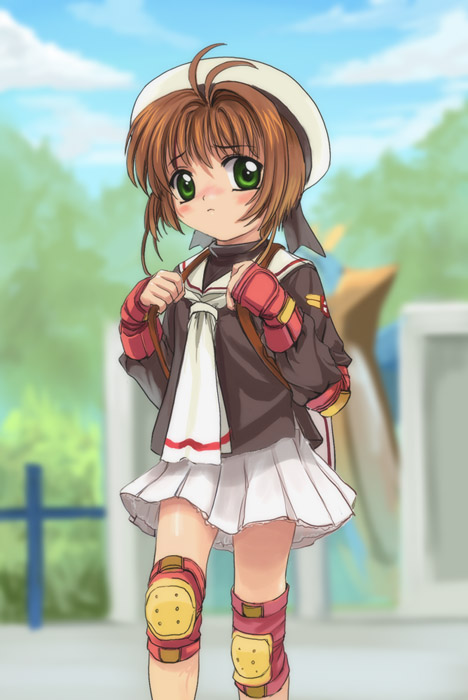 mutsuki (moonknives), kinomoto sakura, cardcaptor sakura, kodansha, 1990s (style), 1girl, beret, brown hair, child, female focus, green eyes, hat, knee pads, retro artstyle, sailor hat, school uniform, serafuku, short hair, solo, tomoeda middle school uniform, white hat