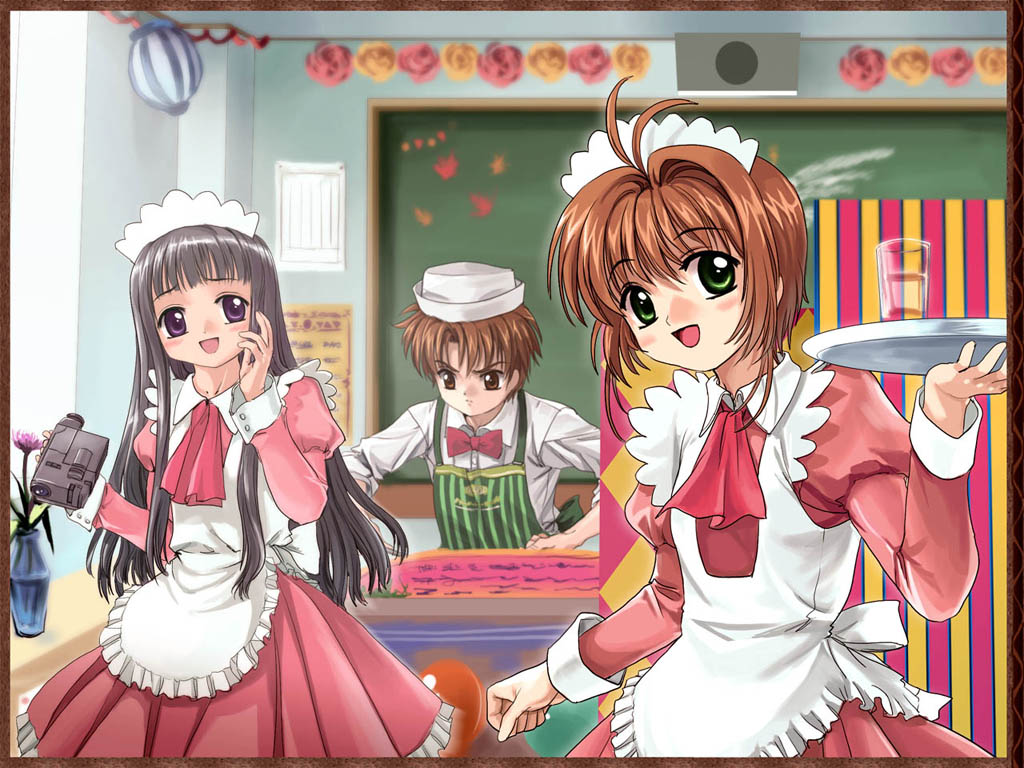 mutsuki (moonknives), daidouji tomoyo, kinomoto sakura, li xiaolang, cardcaptor sakura, tagme, 1990s (style), 1boy, 2girls, angry, blush, brown eyes, brown hair, green eyes, happy, long hair, looking at viewer, multiple girls, purple eyes, retro artstyle, short hair, smile