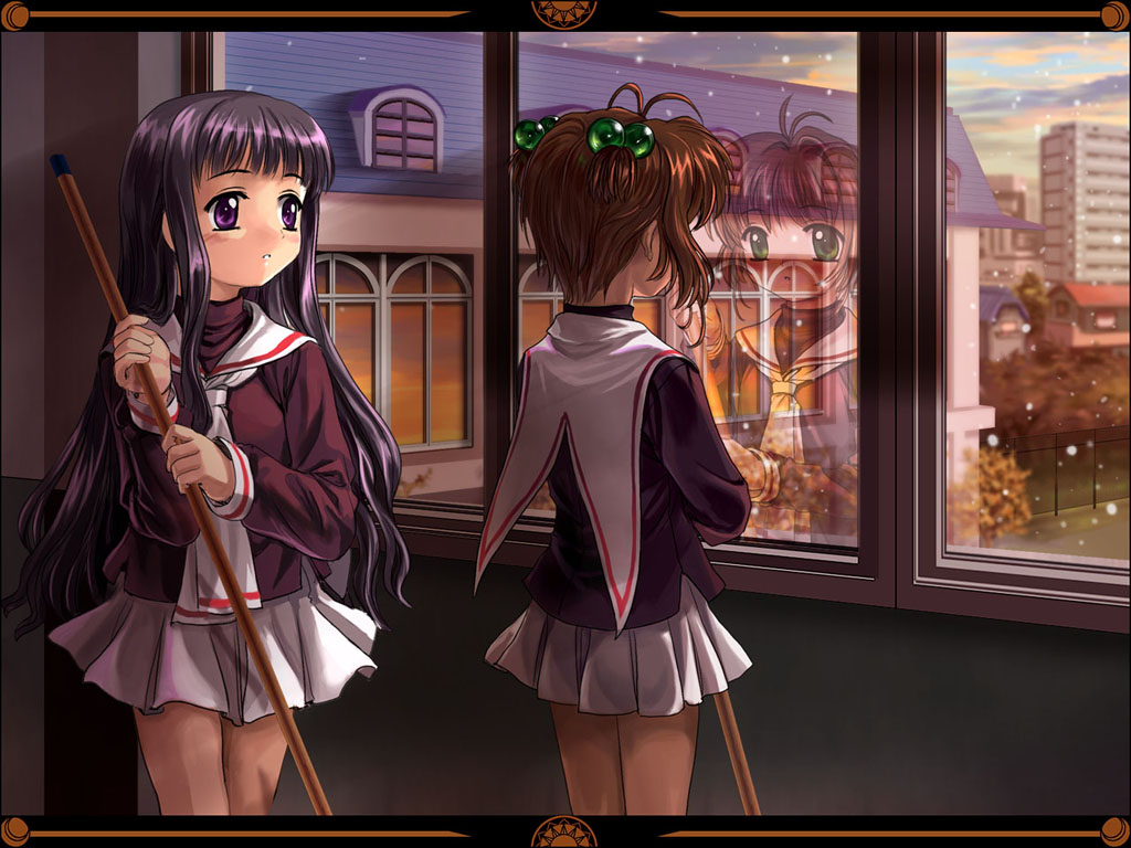 mutsuki (moonknives), daidouji tomoyo, kinomoto sakura, cardcaptor sakura, 1990s (style), 2girls, multiple girls, retro artstyle, school uniform, serafuku, tomoeda middle school uniform