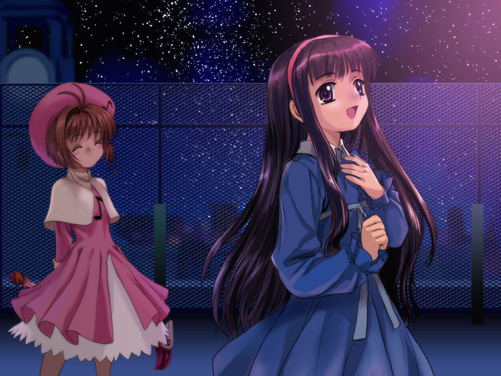 mutsuki (moonknives), daidouji tomoyo, kinomoto sakura, cardcaptor sakura, tagme, 1990s (style), 2girls, closed eyes, happy, multiple girls, outdoors, retro artstyle, smile