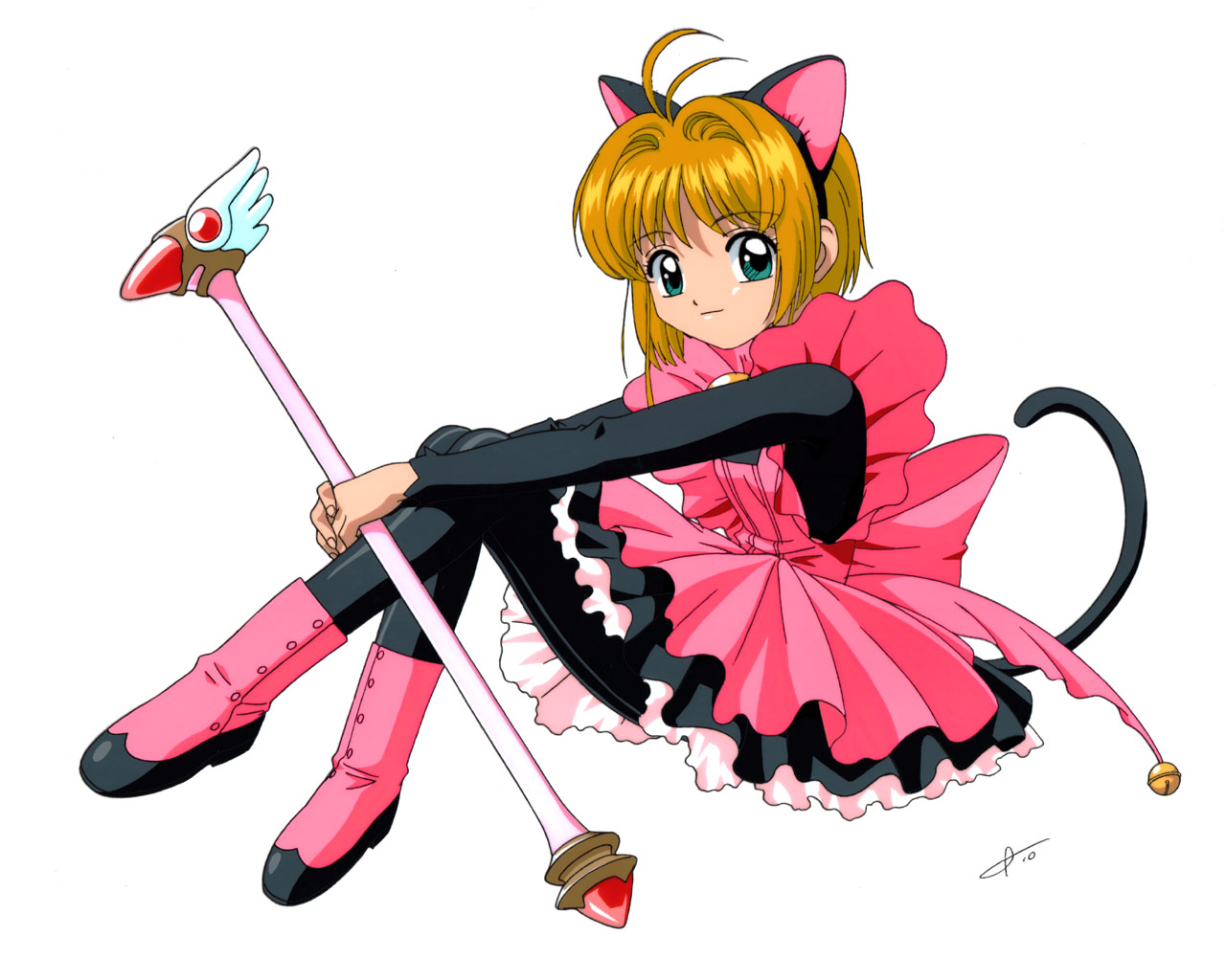 kinomoto sakura, cardcaptor sakura, tagme, 1990s (style), 1girl, animal ears, cat ears, child, dress, green eyes, magical girl, retro artstyle, wand