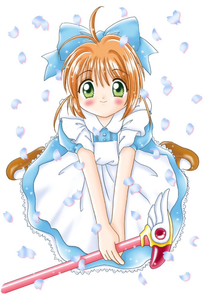 kinomoto sakura, cardcaptor sakura, tagme, 1990s (style), 1girl, blush, brown hair, female focus, green eyes, happy, looking at viewer, petals, retro artstyle, short hair, simple background, sitting, smile, solo, wariza, white background