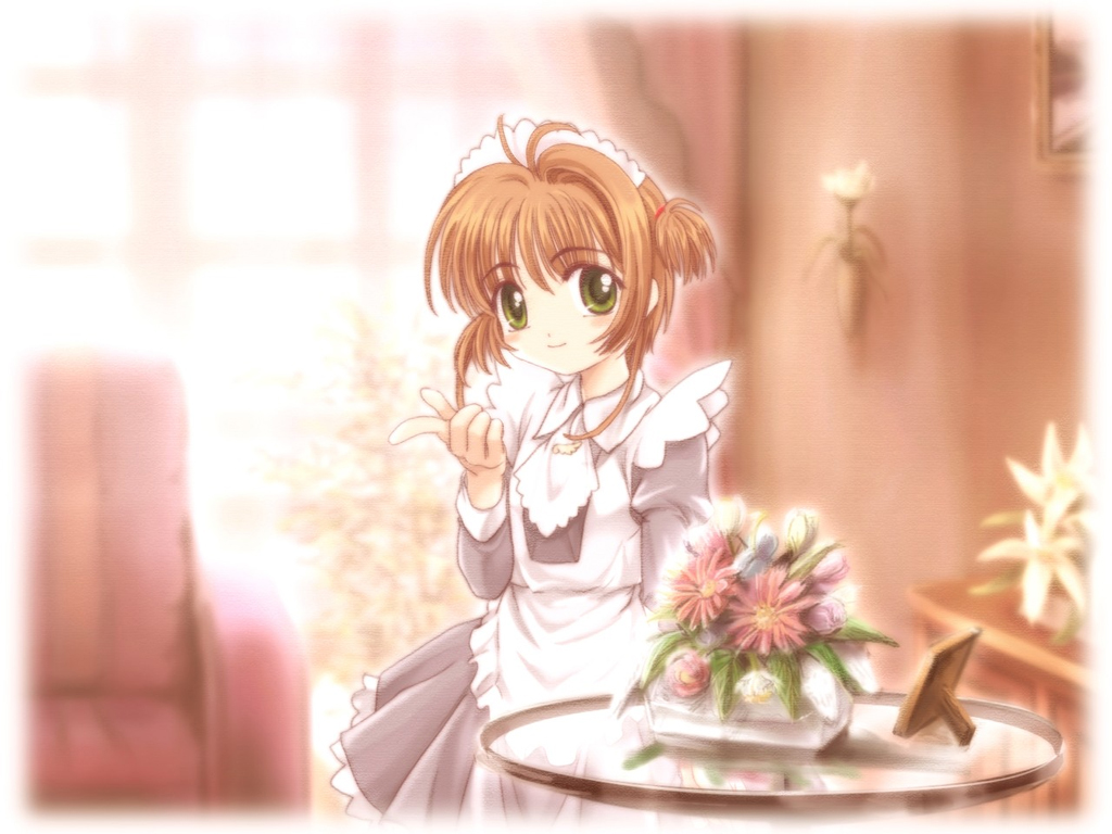 kinomoto sakura, cardcaptor sakura, tagme, 1990s (style), 1girl, alternate costume, brown hair, enmaided, female focus, green eyes, indoors, looking at viewer, maid, retro artstyle, short hair, smile, solo