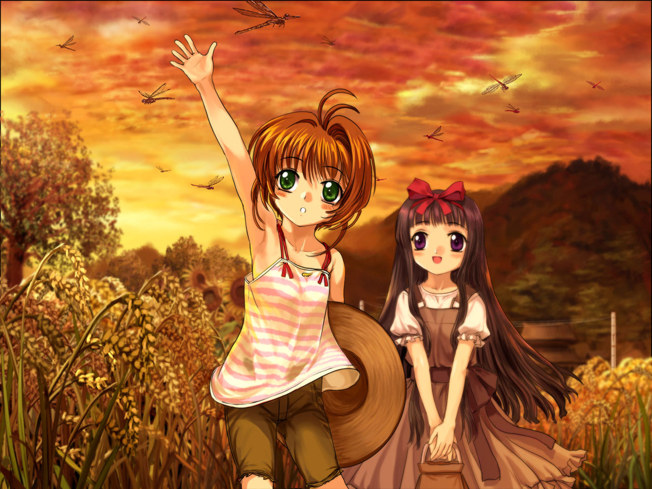 mutsuki (moonknives), daidouji tomoyo, kinomoto sakura, cardcaptor sakura, kodansha, 1990s (style), 2girls, bug, dragonfly, insect, multiple girls, retro artstyle