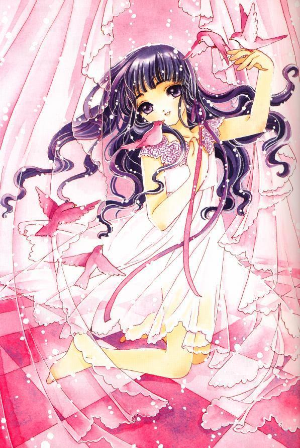clamp, daidouji tomoyo, cardcaptor sakura, 1990s (style), 1girl, bird, female focus, long hair, retro artstyle, solo