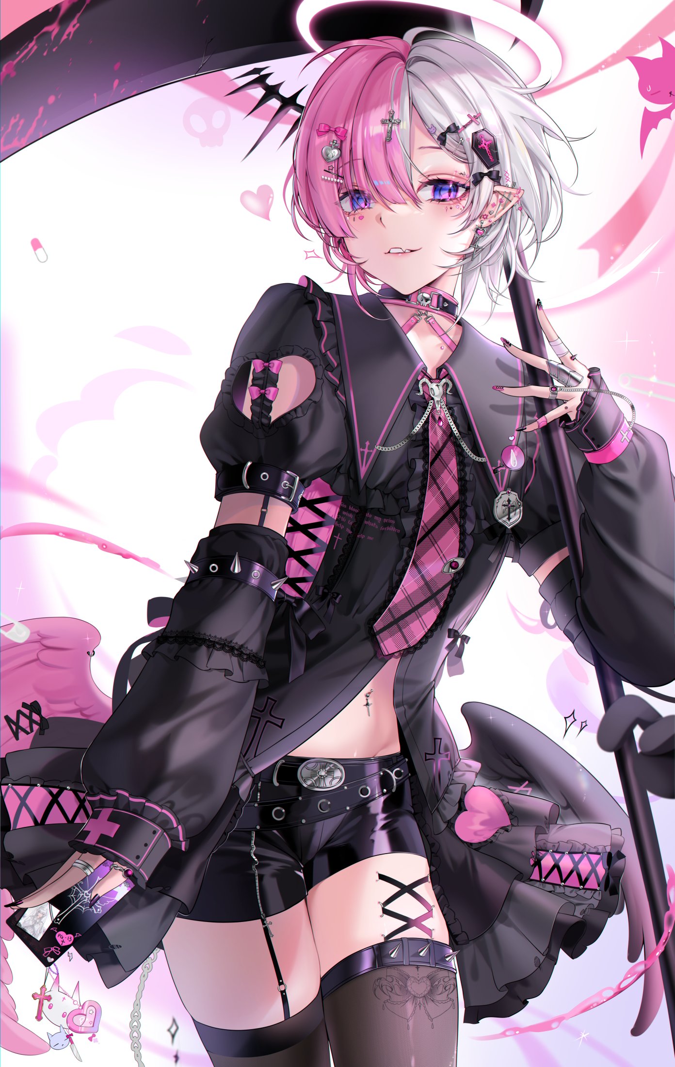saga666, original, commentary, highres, symbol-only commentary, 1boy, androgynous, barbell piercing, black bow, black dress, black nails, black shorts, black thighhighs, black wings, bow, cellphone, clothing cutout, corset piercing, cowboy shot, cross hair ornament, dress, ear piercing, fang, feathered wings, hair between eyes, hair bow, hair ornament, halo, hand up, heart, heart cutout, holding, holding phone, holding scythe, industrial piercing, long sleeves, looking at viewer, low wings, male focus, multicolored hair, multicolored nails, multiple piercings, nail polish, navel, navel piercing, necktie, parted bangs, parted lips, phone, piercing, pink hair, pink halo, pink nails, pink necktie, pink wings, plaid clothes, plaid necktie, purple eyes, scythe, short hair, short shorts, shorts, skin fang, smartphone, smile, solo, thighhighs, thighs, two-tone hair, white background, white hair, wings