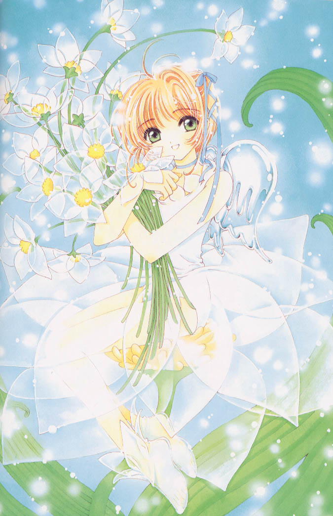 clamp, kinomoto sakura, cardcaptor sakura, 1990s (style), 1girl, female focus, flower, retro artstyle, solo