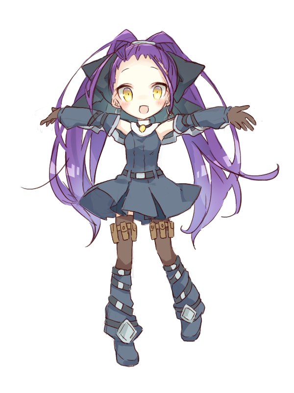 shinomaru hajime, emil chronicle online, 1girl, ahoge, belt, belt boots, black bow, black dress, blue boots, boots, bow, brown gloves, brown thighhighs, detached sleeves, dress, forehead, gloves, hair bow, holster, mokuju alma, open mouth, outstretched arms, purple hair, sleeveless, sleeveless dress, solo, split ponytail, thighhighs, white background, yellow eyes