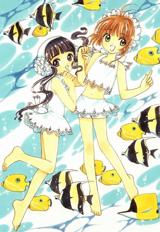clamp, daidouji tomoyo, kinomoto sakura, cardcaptor sakura, 1990s (style), 2girls, :d, barefoot, bikini, black hair, brown hair, fish, long hair, midriff, multiple girls, navel, one-piece swimsuit, open mouth, short hair, smile, swimsuit