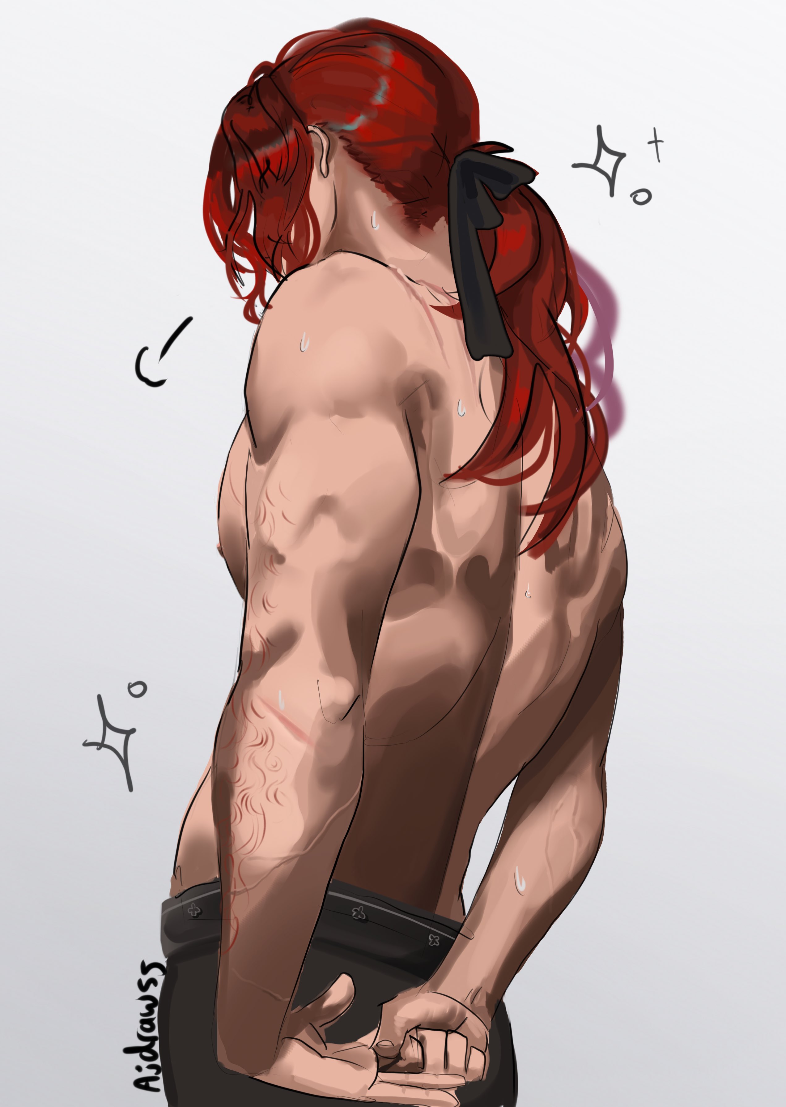 diluc (genshin impact), genshin impact, absurdres, commentary, highres, 1boy, ajdrawss, arms behind back, artist name, back, black pants, cowboy shot, from side, long hair, male focus, nipples, pants, pectorals, ponytail, red hair, simple background, solo, toned, toned male, topless male