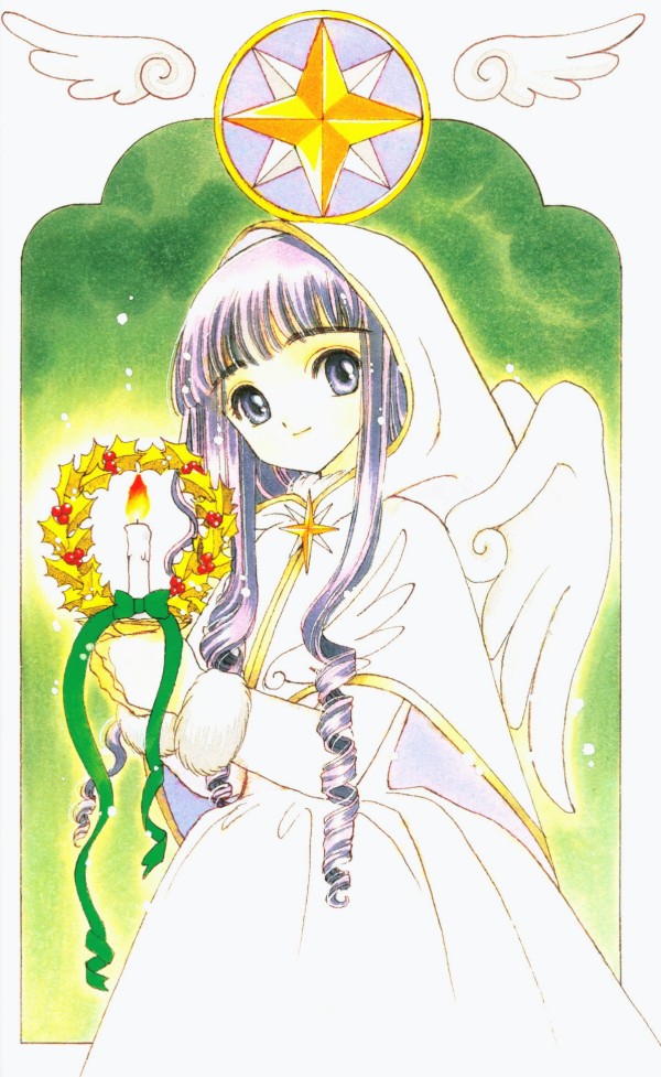 clamp, daidouji tomoyo, cardcaptor sakura, 1990s (style), 1girl, border, candle, drill hair, female focus, long hair, looking at viewer, outside border, retro artstyle, smile, solo, star (symbol), white border, wings, wreath