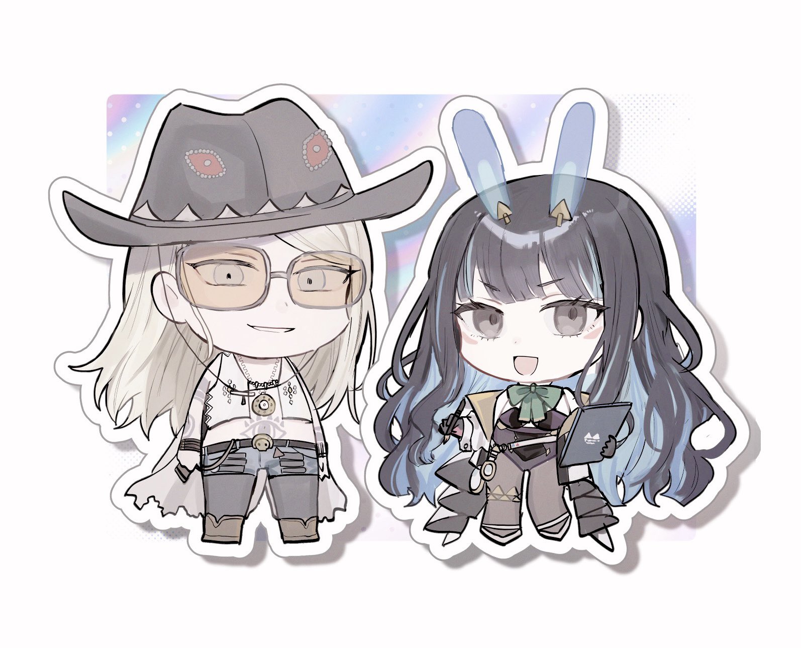 i tami sumi, tenochtitlan (fate), tenochtitlan (swimsuit mooncancer) (third ascension) (fate), tezcatlipoca (fate), tezcatlipoca (wild gunman) (fate), fate/grand order, fate (series), tenochtitlan (swimsuit mooncancer) (fate), highres, animal ears, black hair, black leggings, black leotard, blue hair, boots, brown pantyhose, chibi, colored inner hair, cowboy, cowboy boots, cowboy hat, denim, denim shorts, gold jacket, green ribbon, grey hair, hat, highleg, highleg leotard, jacket, leggings, leotard, medallion, multicolored hair, multicolored jacket, multicolored leotard, open clothes, open vest, orange-tinted eyewear, pantyhose, pencil, playboy bunny, rabbit ears, ribbon, shorts, siblings, skull ornament, stomach tattoo, tattoo, tinted eyewear, two-sided gloves, two-tone jacket, vest, wavy hair, western, white vest, yellow jacket