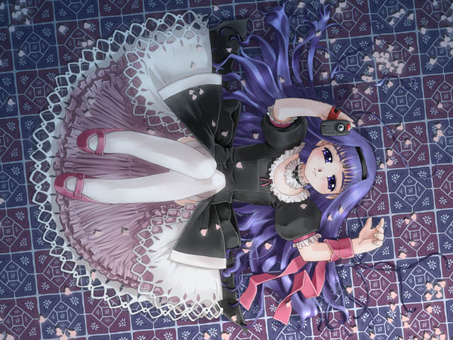 daidouji tomoyo, cardcaptor sakura, 1990s (style), 1girl, female focus, lolita fashion, long hair, looking at viewer, purple hair, retro artstyle, solo, video camera