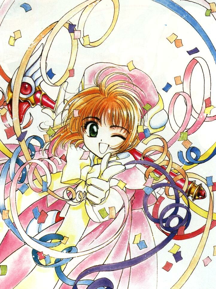 clamp, kinomoto sakura, cardcaptor sakura, 1990s (style), 1girl, :d, brown hair, female focus, fuuin no tsue, green eyes, looking at viewer, one eye closed, open mouth, retro artstyle, ribbon, short hair, simple background, smile, solo, white background, wink