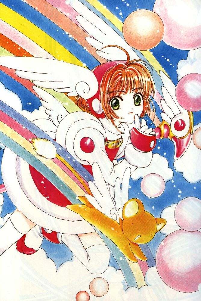 kero (cardcaptor sakura), kinomoto sakura, cardcaptor sakura, 1990s (style), 1girl, brown hair, cloud, fuuin no tsue, green eyes, looking at viewer, rainbow, retro artstyle, short hair, sky, wings