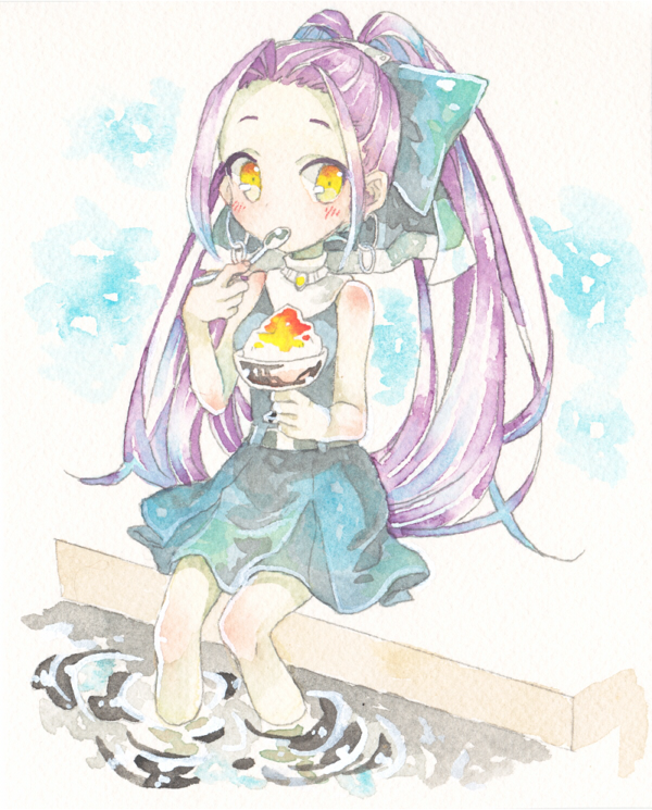 shinomaru hajime, emil chronicle online, 1girl, ahoge, blue dress, bow, cup, dress, food, hair bow, holding, holding cup, holding spoon, huge ahoge, long hair, mokuju alma, partially submerged, poolside, purple hair, shaved ice, sleeveless, sleeveless dress, solo, split ponytail, spoon, yellow eyes