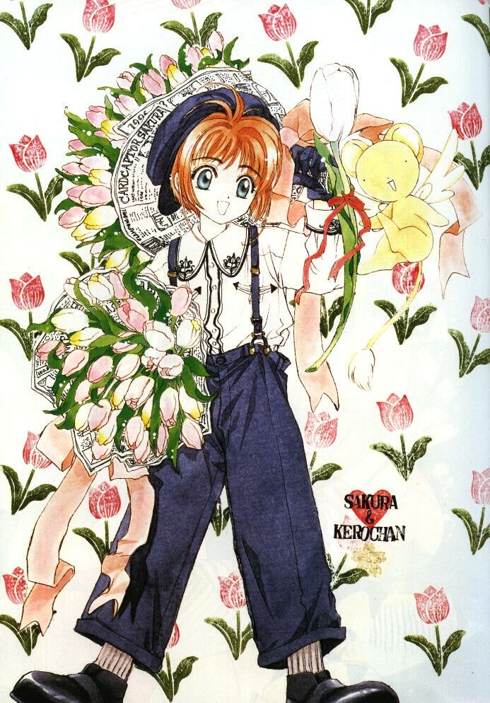 kero (cardcaptor sakura), kinomoto sakura, cardcaptor sakura, tagme, 1990s (style), 1girl, brown hair, flower, green eyes, looking at viewer, newspaper, retro artstyle, short hair, smile, suspenders, tulip