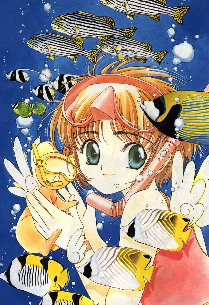 kero (cardcaptor sakura), kinomoto sakura, cardcaptor sakura, 1990s (style), 1girl, fish, retro artstyle, snorkel, swimsuit
