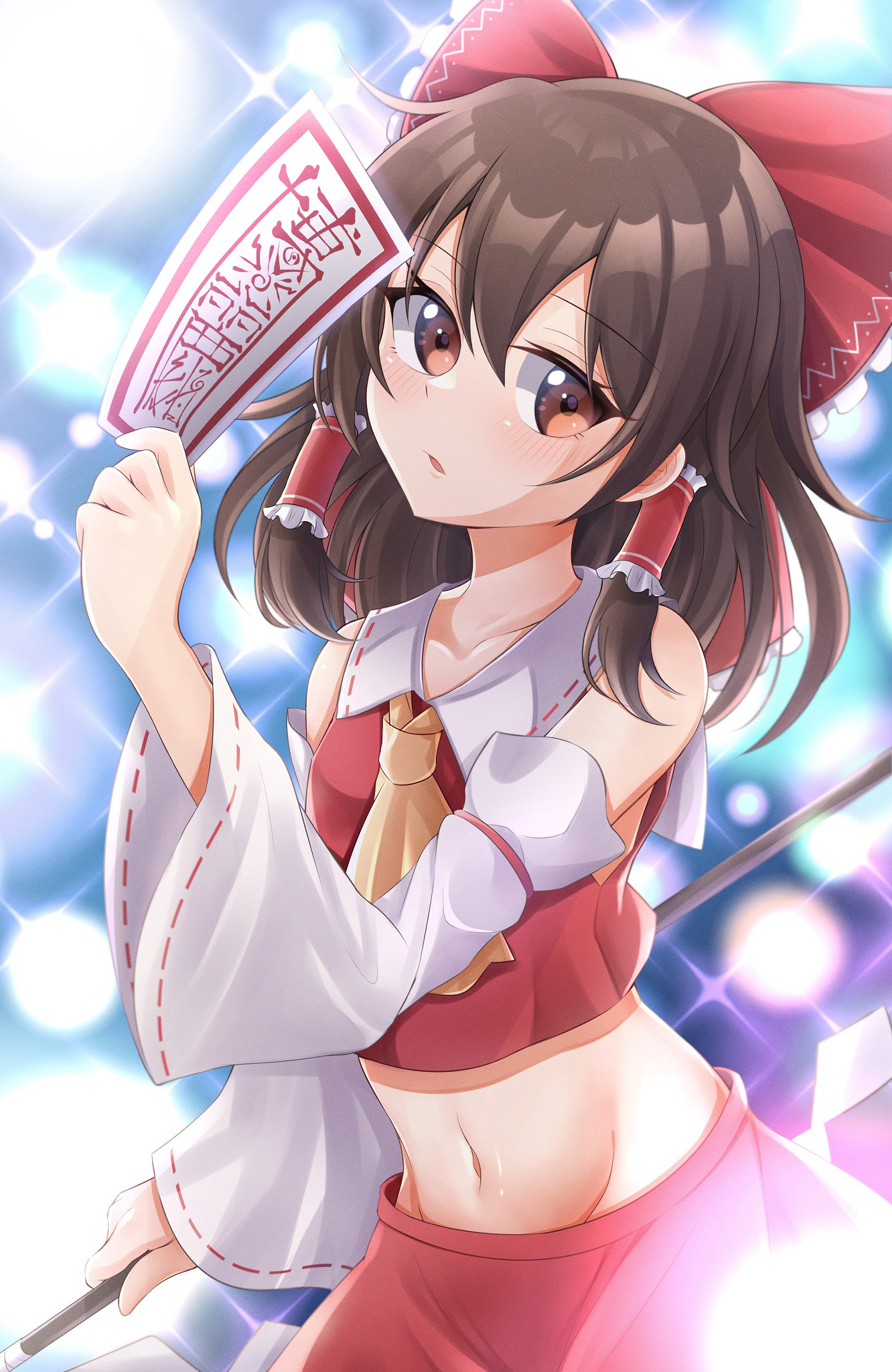 minto yupo, hakurei reimu, touhou, commentary request, highres, 1girl, ascot, bow, brown eyes, brown hair, detached sleeves, frilled bow, frilled hair tubes, frills, gohei, groin, hair bow, hair tubes, holding, holding gohei, holding ofuda, long hair, looking at viewer, midriff, navel, ofuda, open mouth, red bow, red skirt, reimu day, ribbon-trimmed sleeves, ribbon trim, skirt, skirt set, solo, yellow ascot