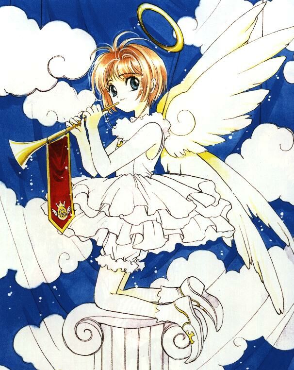 clamp, kinomoto sakura, cardcaptor sakura, 1990s (style), 1girl, angel, cloud, column, female focus, halo, horns, kneeling, pillar, retro artstyle, single horn, solo, wings