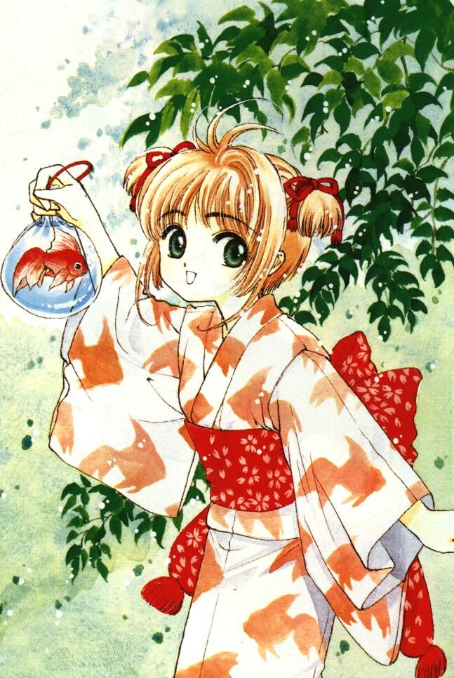 clamp, kinomoto sakura, cardcaptor sakura, 1990s (style), 1girl, female focus, fish, japanese clothes, kimono, koi, outdoors, retro artstyle, ribbon, solo, twintails