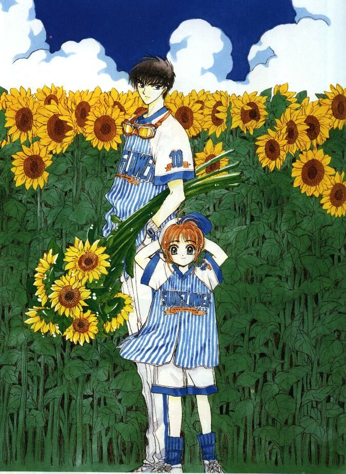 kinomoto sakura, cardcaptor sakura, tagme, 1990s (style), 1boy, 1girl, black hair, brother and sister, brown hair, cloud, flower, goggles, green eyes, retro artstyle, short hair, siblings, sky, sunflower