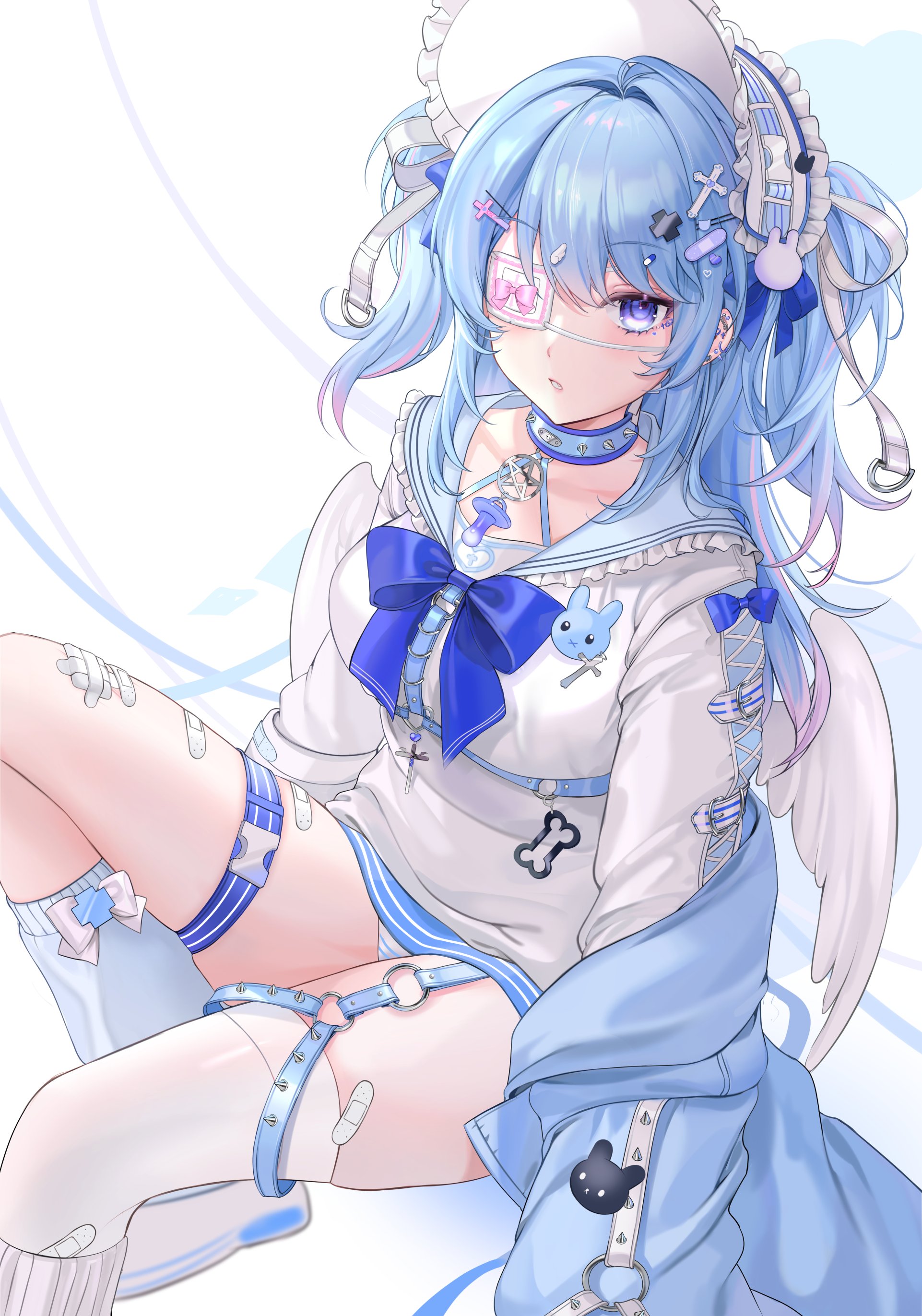 saga666, original, absurdres, commentary, highres, symbol-only commentary, 1girl, asymmetrical legwear, bandaid, bandaid hair ornament, bandaid on leg, bandaid on thigh, blue bow, blue choker, blue eyes, blue hair, blue jacket, bow, breasts, chest harness, choker, cross hair ornament, ear piercing, eyepatch, feathered wings, gauze, gauze on leg, hair ornament, harness, jacket, knee up, long hair, long sleeves, looking at viewer, medium breasts, mismatched legwear, one eye covered, parted lips, pentagram, pentagram choker, piercing, shirt, single thighhigh, sitting, socks, solo, spiked choker, spikes, thigh strap, thighhighs, unworn jacket, white background, white shirt, white socks, white thighhighs, white wings, wings