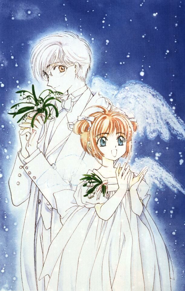 clamp, kinomoto sakura, tsukishiro yukito, cardcaptor sakura, 1990s (style), 1boy, 1girl, couple, flower, formal clothes, glasses, retro artstyle, white theme, wings