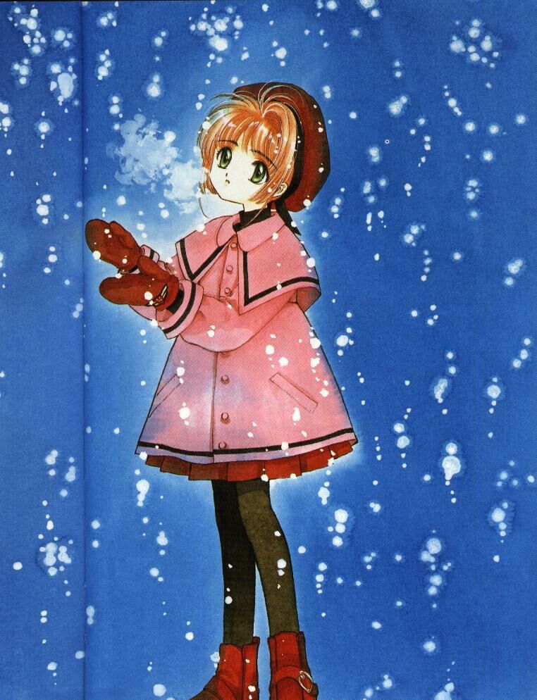 kinomoto sakura, cardcaptor sakura, 1990s (style), 1girl, boots, brown hair, dress, female focus, fog, green eyes, mittens, pantyhose, retro artstyle, short hair, snow, solo, thighhighs