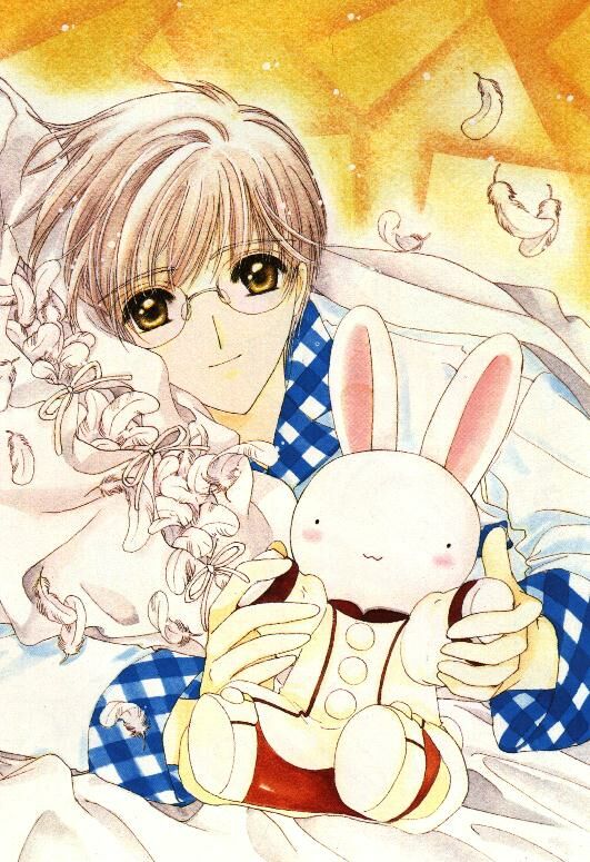 clamp, tsukishiro yukito, cardcaptor sakura, 1990s (style), 1boy, bed, feathers, glasses, male focus, pajamas, rabbit, retro artstyle, solo