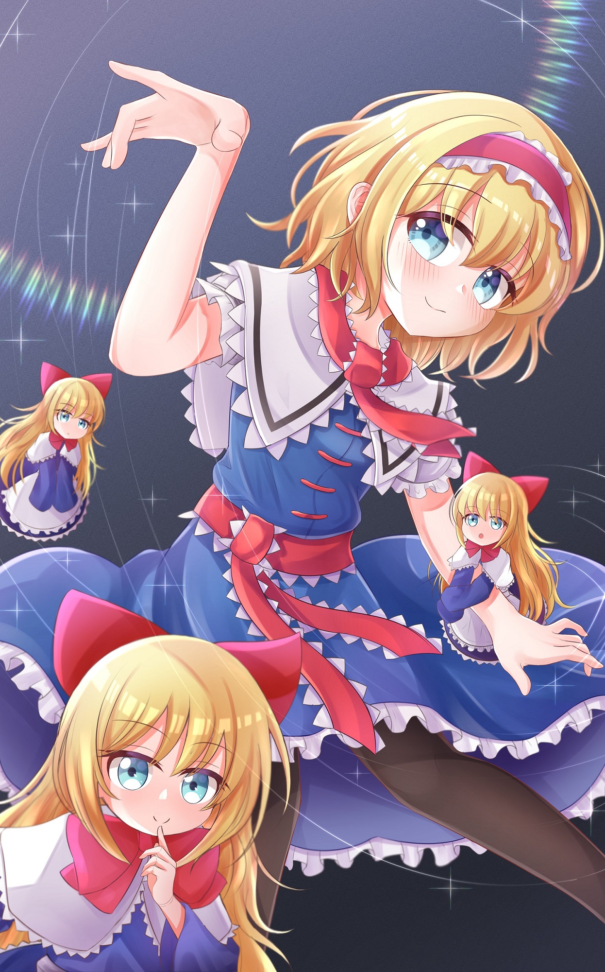 minto yupo, alice margatroid, shanghai doll, touhou, commentary, highres, 1girl, black pantyhose, blonde hair, blue dress, blue eyes, capelet, closed mouth, doll, dress, frilled hairband, frilled sash, frills, hairband, lolita hairband, looking at viewer, pantyhose, puppet strings, red hairband, red sash, sash, smile, solo, waist sash