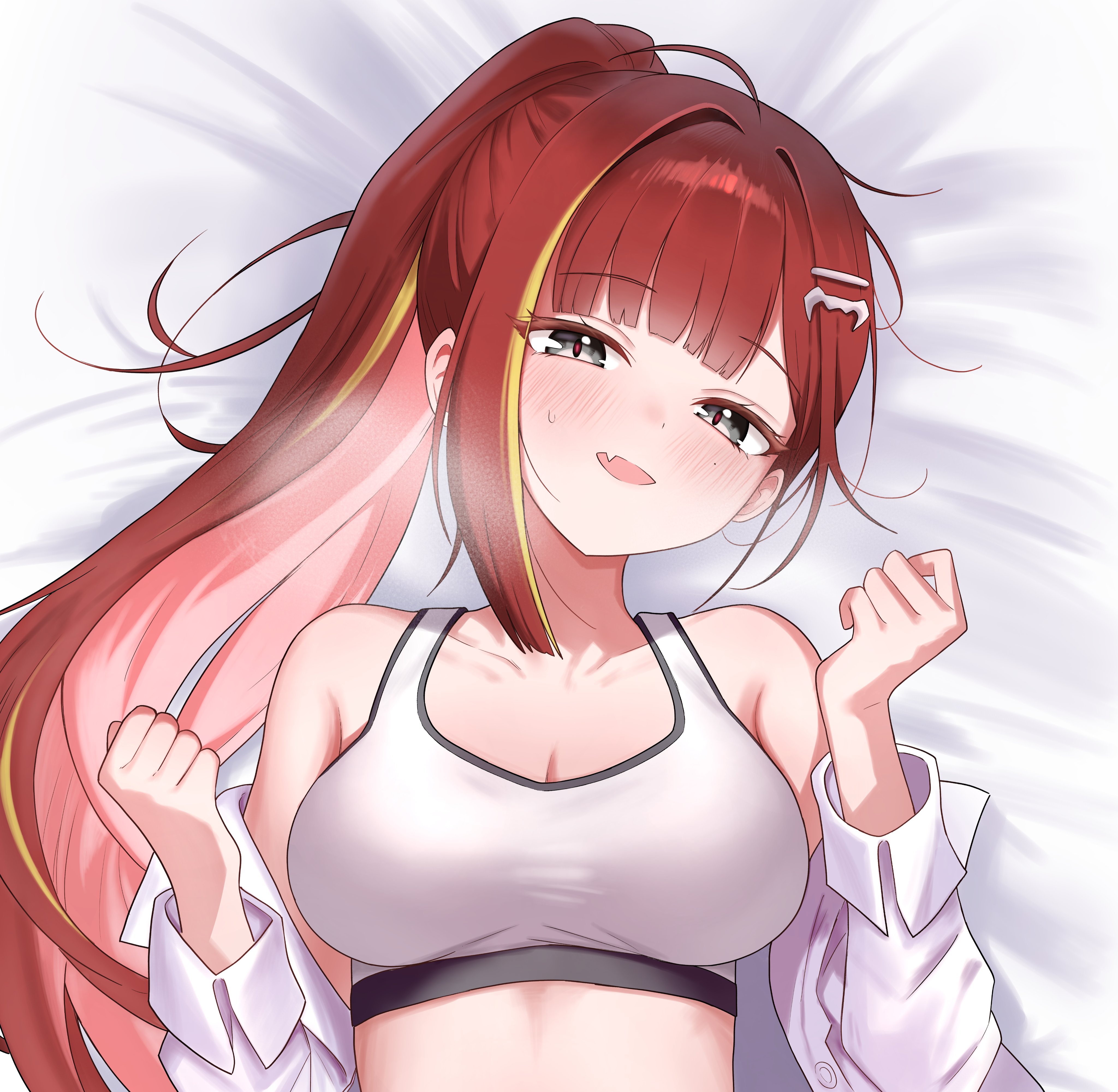 saho 4545, akane lize, stellive, absurdres, commentary request, highres, korean commentary, 1girl, bare shoulders, bed sheet, black eyes, breasts, cleavage, collarbone, crop top, fang, hair ornament, hairclip, hands up, heavy breathing, large breasts, long hair, long sleeves, looking at viewer, lying, midriff, mole, mole on cheek, multicolored hair, off shoulder, on back, open clothes, open mouth, open shirt, ponytail, red hair, shirt, sidelocks, sleeveless, smile, solo, sports bra, streaked hair, sweatdrop, upper body, virtual youtuber, white shirt