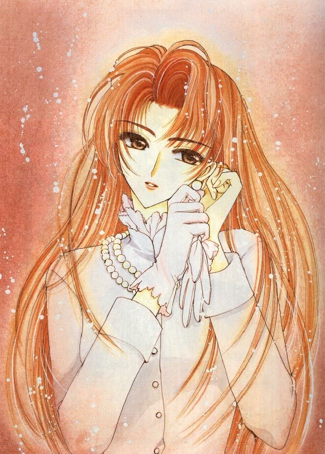 clamp, mizuki kaho, cardcaptor sakura, 1990s (style), 1girl, earrings, female focus, gem, gloves, jewelry, long hair, necklace, pearl (gemstone), retro artstyle, solo