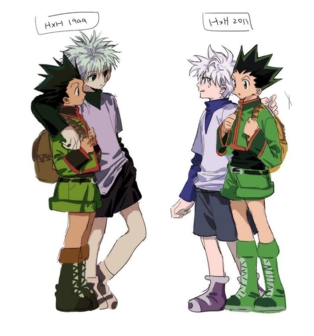 gon freecss, killua zoldyck, hunter x hunter, hashtag-only commentary, 4boys, arm around shoulder, backpack, bag, belt, black belt, black hair, black shorts, boots, brown eyes, closed mouth, comparison, copyright name, cr0fr, from side, full body, green boots, green shorts, height difference, long sleeves, looking at another, male focus, multiple boys, short hair, shorts, spiked hair, white hair, yellow bag