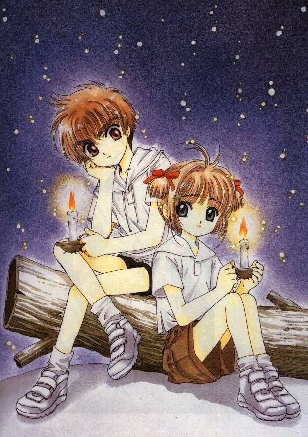clamp, kinomoto sakura, cardcaptor sakura, 1990s (style), 1boy, 1girl, brown hair, candle, couple, log, retro artstyle, short hair, sitting