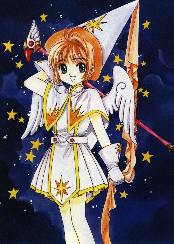 clamp, kinomoto sakura, cardcaptor sakura, 1990s (style), 1girl, :d, female focus, fuuin no tsue, hat, hennin, open mouth, retro artstyle, smile, solo, star (symbol)